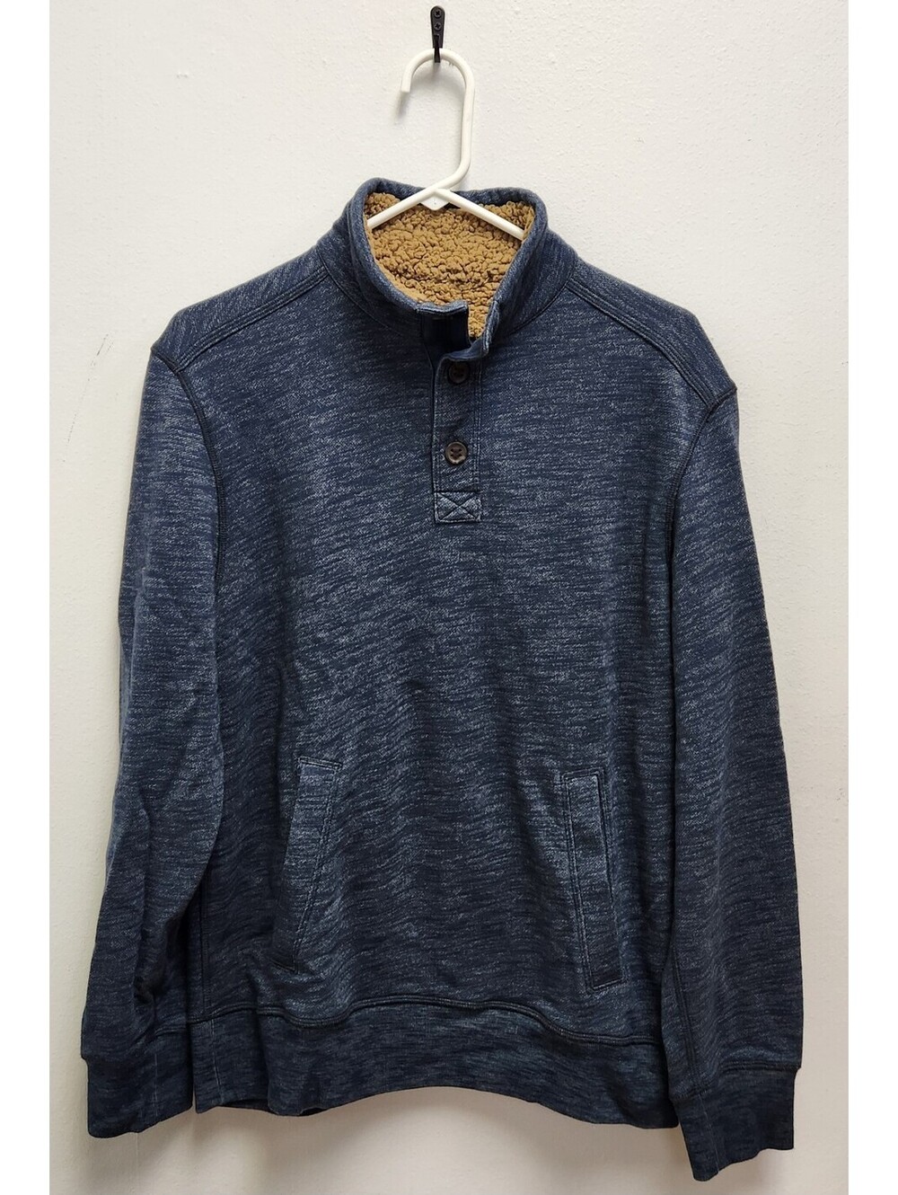 GH Bass Co Men's M Quarter Button Pullover Sweatshirt Heather Navy Blue Faux Fur